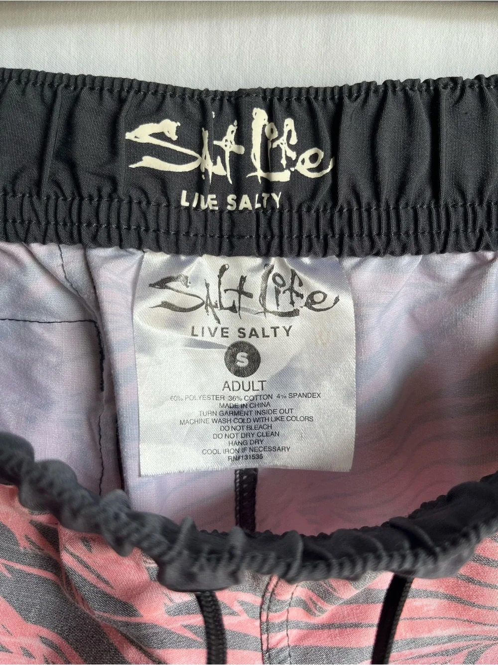 Salt Life Pink Tropical Palm Print Athletic Shorts with Black Trim